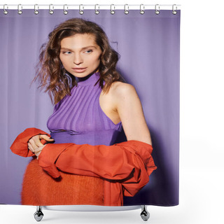 Personality  A Stylish Young Woman Confidently Showcasing A Vibrant Orange Skirt Paired With A Purple Top On A Purple Background. Shower Curtains