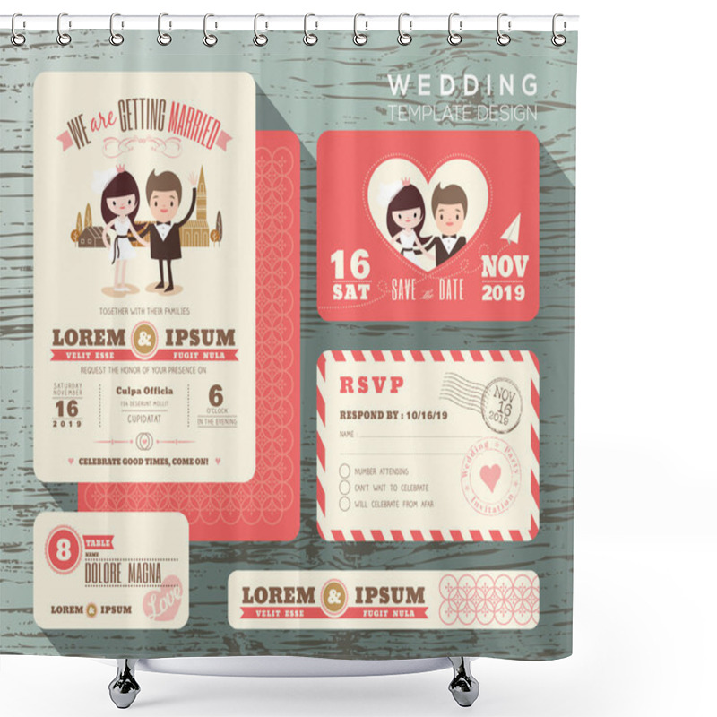 Personality  Cute groom and bride couple wedding invitation set design Templa shower curtains