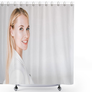 Personality  Smiling Beautiful Young Blonde Woman Isolated On Grey Shower Curtains