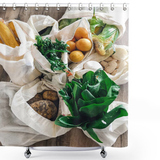 Personality  Zero Waste Shopping Concept. Fresh Vegetables In Eco Cotton Bags On Table In The Kitchen, Flat Lay.  Ban Plastic. Plastic Free Items. Save Environment Shower Curtains