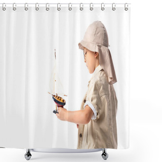 Personality  Side View Of Explorer Child In Glasses And Hat Holding Toy Ship Isolated On White Shower Curtains
