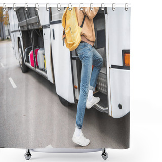 Personality  Cropped Image Of Male Tourist With Backpack Walking Into Travel Bus At Urban Street Shower Curtains