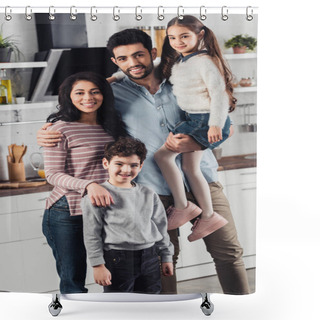 Personality  Handsome Latin Father Holding In Arms Cute Daughter Near Wife And Son At Home Shower Curtains
