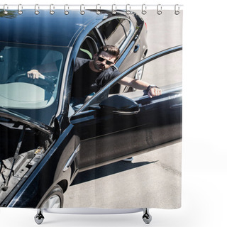 Personality  High Angle View Of Stylish Man In Sunglasses Going Out From Car With Opened Bonnet  Shower Curtains
