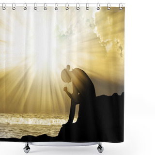 Personality  Woman Praying To God At Sunset Shower Curtains