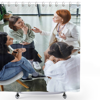 Personality  High Angle View Of Redhead Motivation Coach Pointing At Cheerful Young Woman And Talking Near Multiethnic Girlfriends During Group Therapy, Friendship And Mental Wellness Concept Shower Curtains