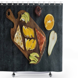 Personality  Flat Lay With Snacks For Healthy Breakfast On Wooden Cutting Board On Dark Tabletop Shower Curtains