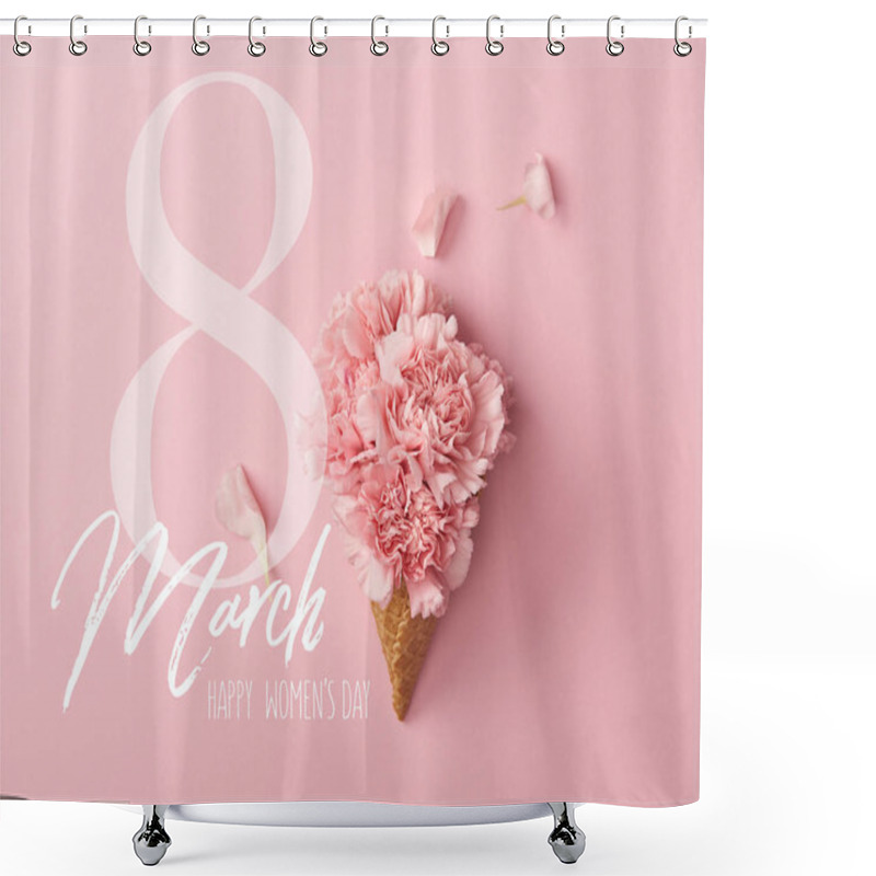 Personality  Top View Of Pink Carnation Flowers On Pink Background With 8 March Illustration Shower Curtains