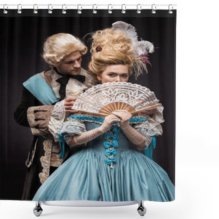 Personality  Handsome Man Looking At Victorian Woman In Wig Covering Face With Fan On Black  Shower Curtains