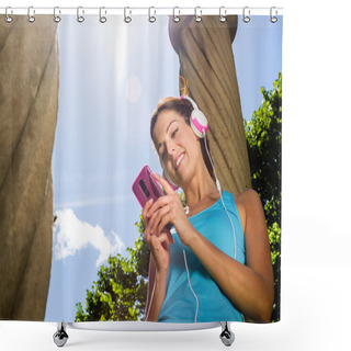 Personality  Fitness Woman With Smartphone And Headphones Shower Curtains