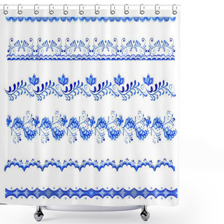 Personality  Watercolor Seamless Border With Blue Floral, Flowers In Folk Gzhel Style. Hand Drawn Decor For Greeting, Christmas, Wedding, Celebrate Design  Elegant Lace Frame.  Russian Ornaments. Folk Art. Textile Shower Curtains