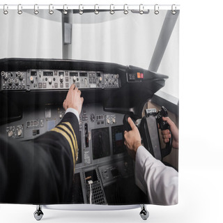 Personality  Cropped View Of Pilot Reaching Control Panel Near Co-pilot Using Yoke In Airplane Simulator  Shower Curtains