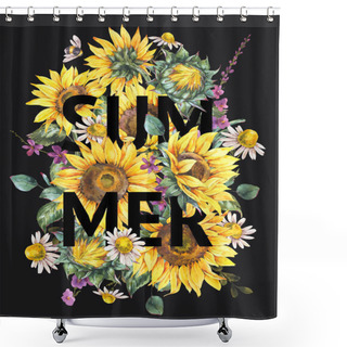 Personality  Watercolor Sunflowers Flowers Summer Vintage Bouquet. Natural Yellow Floral Greeting Card Isolated On Black Background. Botanical Background Shower Curtains