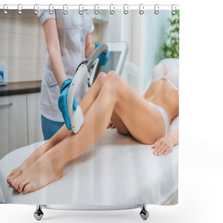 Personality  Partial View Of Cosmetologist In Rubber Gloves Doing Laser Hair Removal Procedure On Legs Shower Curtains