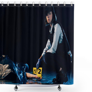 Personality  Covered Corpse And Investigator With Evidence Markers At Crime Scene Shower Curtains