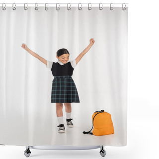Personality  Cheerful Girl Looking At Backpack And Standing With Outstretched Hands, Yay, Back To School Concept Shower Curtains