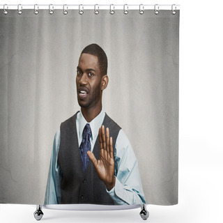 Personality  Angry Executive Gesturing With Hands To Stop Shower Curtains