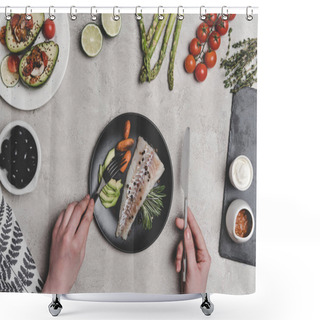 Personality  Cropped Shot Of Person Eating Fish With Healthy Vegetables On Grey Shower Curtains