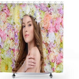 Personality  Sensual Young Woman In Floral Wreath On Flral Background Shower Curtains