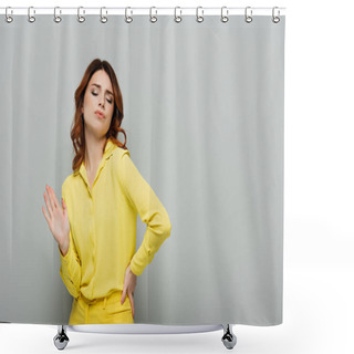 Personality  Smug Woman Showing Refuse Gesture While Standing With Hand On Hip On Grey Shower Curtains