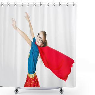 Personality  Blond Supergirl With Glasses And Red Robe Und Blue Shirt Is Posing In The Studio Shower Curtains