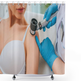 Personality  Cropped View Of Doctor Using Magnifier During Mole Removing Procedure Shower Curtains