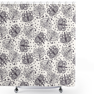 Personality  Hand Drawn Doodle Butterfly Motif Seamless Pattern. Simple Playful Monochrome Background. Folk Art Sketch Style Textile, Packaging, Wallpaper. Childish Naive All Over Print Vector Eps 10 Tile.  Shower Curtains