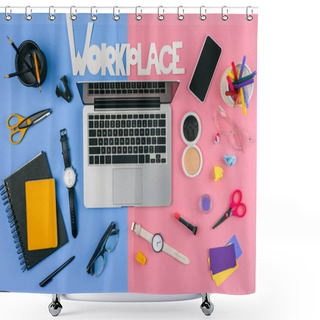 Personality  Top View Of Laptop, Smartphone, Inscription Workplace And Cosmetics With Office Supplies Divided At Male And Female Workplace Shower Curtains