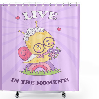 Personality  Funny Groovy Snail Character Elderly Grandmother. Cute Insect Old Woman With Flowers On Rainbow In Retro Style. Trendy Vector Illustration. Cool Vertical Bright Poster With Slogan In 70s Style Shower Curtains