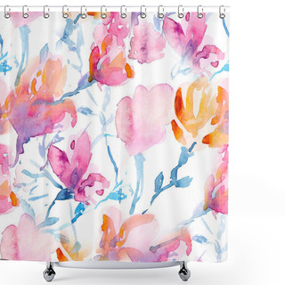 Personality  Seamless Floral Pattern With Sakura And Magnolies In Watercolor Style Shower Curtains