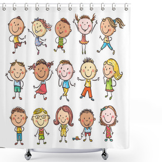 Personality  Set Of Hand Drawn Cute Cartoon Doodle Kids. Happy Children Different Cultures And Skin Color Shower Curtains