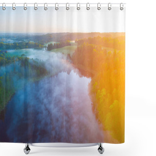 Personality  Majestic Morning: A Drone's Eye View Of A Misty Lake In The Woods At Sunrise In Northern Europe Shower Curtains