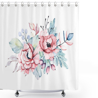 Personality  Colorful Watercolor Peonies Flowers With Leaves, Hand Drawn Floral Concept Art Shower Curtains
