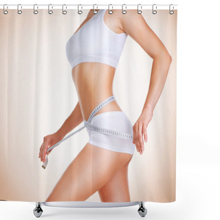 Personality  Woman Measuring Her Waistline. Diet. Perfect Slim Body Shower Curtains