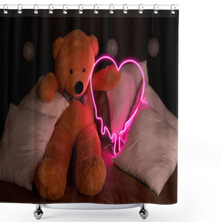 Personality  Brown Teddy Bear Lies In Pillows And Holds A Neon Pink Heart. Valentine's Day 14 February, Gift Romantic Background. Declaration Of Love, Congratulations On The Holiday Or Anniversary.  Shower Curtains