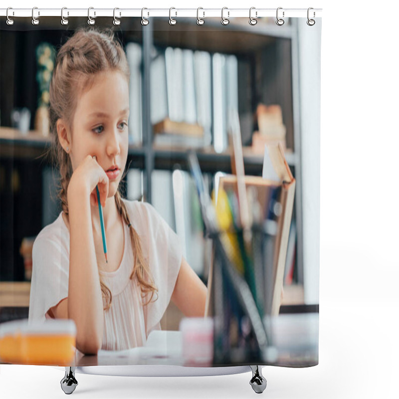 Personality  little girl doing homework shower curtains