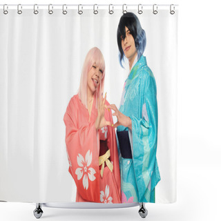 Personality  Anime Style Woman Sticking Out Tongue And Showing Heart Sigh With Extravagant Man In Kimono On White Shower Curtains