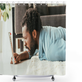 Personality  Shocked African American Man Looking At Thermometer While Lying On Floor And Suffering From Summer Heat Shower Curtains