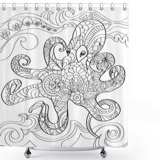 Personality  Large Smart Octopus Swimming In Ocean With High Waves Background. Octopi Swims Under Sea Water With Wavy Backdrop Coloring Book Page. Shower Curtains