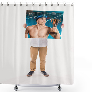 Personality  Little Boy Pretending To Be Professional Swimmer, Isolated On White  Shower Curtains