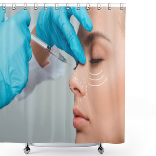 Personality  Cropped View Of Cosmetologist Making Beauty Injection In Nose To Attractive Woman Isolated On Grey Shower Curtains