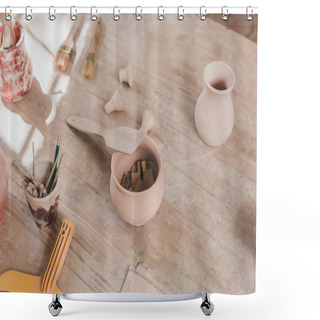 Personality  High Angle View Of Handmade Clay Pots With Spatula And Pottery Equipment On Wooden Table Shower Curtains