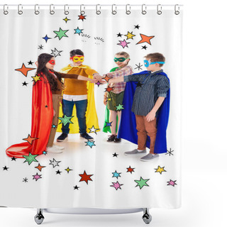 Personality  Happy Kids In Superhero Costumes And Masks Stacking Hands Near Stars On White  Shower Curtains