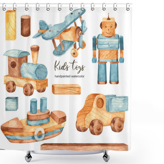 Personality  Watercolor Set With Wooden Toy Childrens Transport And Robot Shower Curtains
