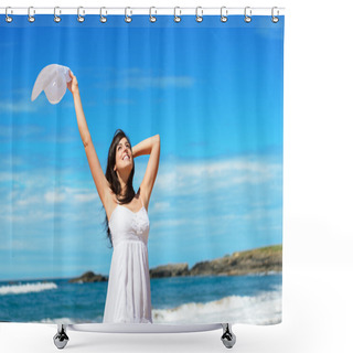 Personality  Happy Woman On Beach Travel And Vacation Shower Curtains
