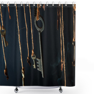 Personality  Keys Hanging On A String. Smoke Background. Selective Focus Shower Curtains