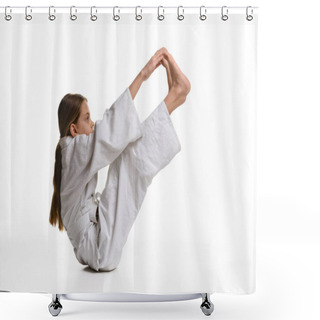 Personality  A Girl In A Sports Kekogi Reaches Her Hands At Her Feet, Waving A Stretch Shower Curtains