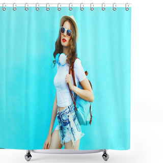 Personality  Fashion Pretty Woman Posing Over Colorful Blue Background  Shower Curtains