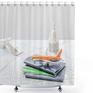 Personality  Selective Focus Of Toy Plane Near Passports And Small Figurines On Map Of Italy Isolated On Grey   Shower Curtains
