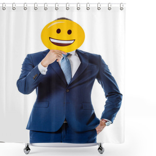 Personality  KYIV, UKRAINE - AUGUST 12, 2019: Businessman In Blue Suit Holding Happy Smiley In Front Of Face Isolated On White Shower Curtains